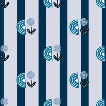 Seamless pattern abstract flowers on striped blue background. Minimalist pink Stock Illustration