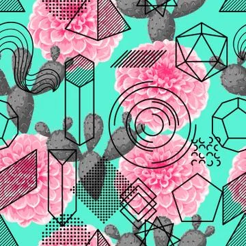 Seamless pattern with abstract geometric shapes, flower and cactus. Line art Stock Illustration