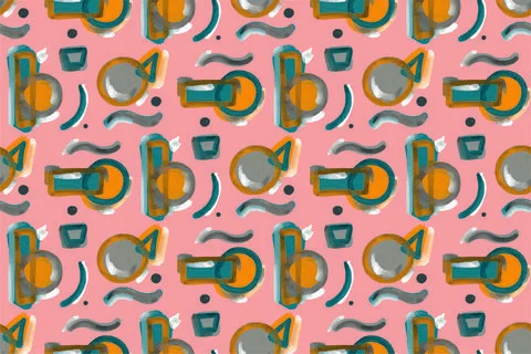 Seamless pattern, abstract geometry art. Circles are squares and triangles drawn Stock Illustration