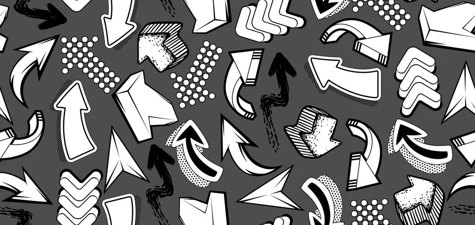 Seamless pattern with abstract graffiti arrows. Cartoon teenage creative image. Stock Illustration