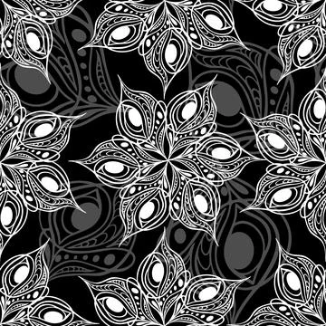 Seamless pattern of abstract gray and white graphic elements on a black Stock Illustration