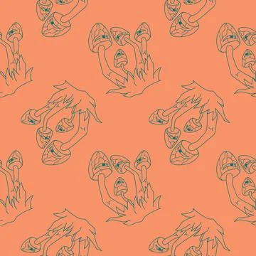 Seamless pattern of abstract groovy style mushroom on orange background Stock Illustration