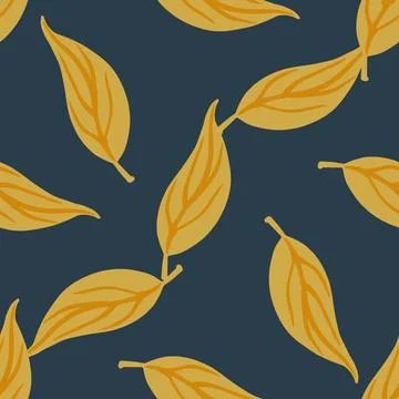 Seamless pattern with abstract hand drawn orange autumn leaves. Navy blue bac Stock Illustration