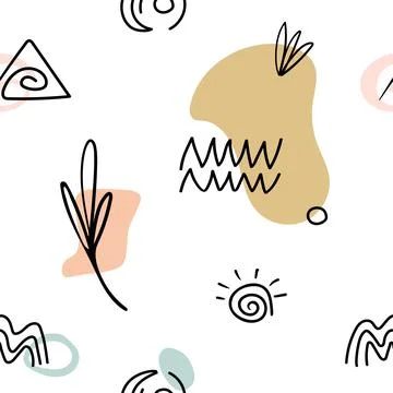 Seamless pattern with abstract hand drawn doodle various shapes, lines, branch Stock Illustration