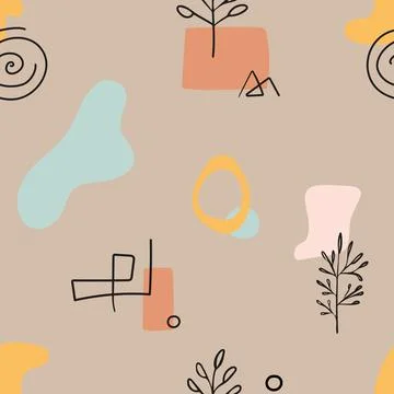 Seamless pattern with abstract hand drawn doodle various shapes, lines, branch Stock Illustration