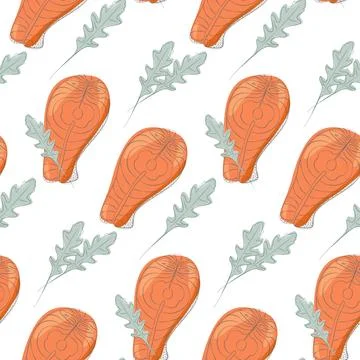Seamless pattern of abstract image of salmon steak with sprigs of arugula Stock Illustration