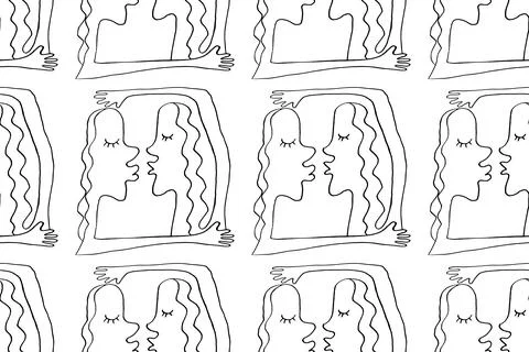 Seamless pattern with abstract kissing and hugging couple. Abstraction, line  Illustrazione stock