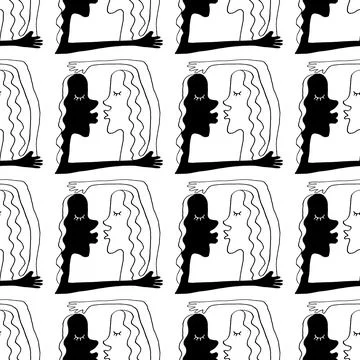 Seamless pattern with abstract kissing and hugging couple. Abstraction, line  イラスト素材