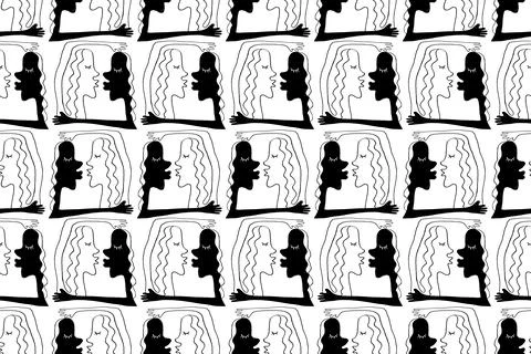 Seamless pattern with abstract kissing and hugging couple. Abstraction, line  库存插图