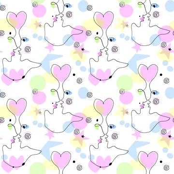 Seamless pattern with abstract kissing couple. Abstraction, line art, flat de 스톡 일러스트