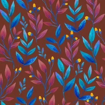 Seamless pattern with abstract magic fairy leaves and yellow flowers. Stock Illustration