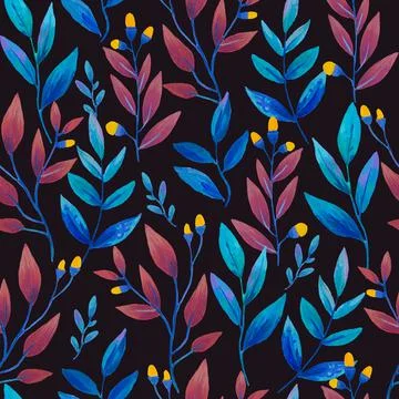 Seamless pattern with abstract magic fairy leaves and yellow flowers. Stock Illustration