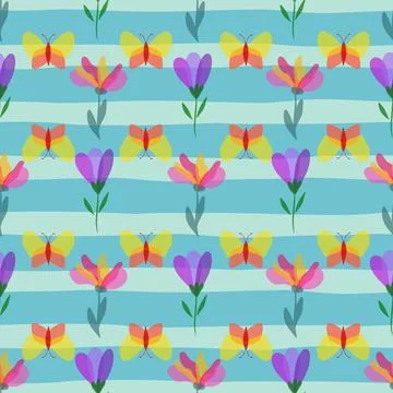 Seamless pattern abstract minimal butterfly and flowers Stock Illustration
