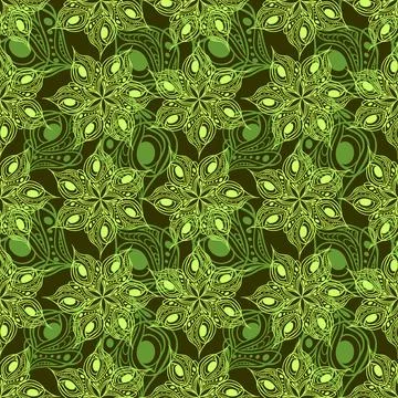 Seamless pattern of abstract olive green graphic elements on a green Illustrazione stock