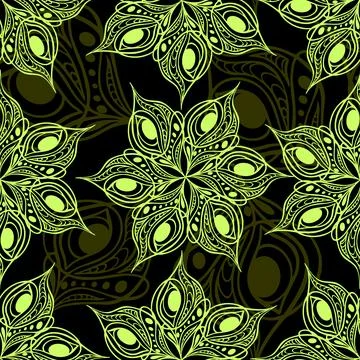 Seamless pattern of abstract olive green graphic elements on black backgrou.. Stock Illustration