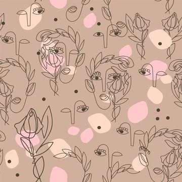 Seamless pattern with abstract outline of women faces in boho style colors. Stock Illustration