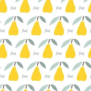 Seamless pattern with Abstract pear fruit and leaves, childish hand drawn doodle Stock Illustration