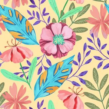 Seamless pattern with abstract pink flowers and various botanical elements... Stock Illustration