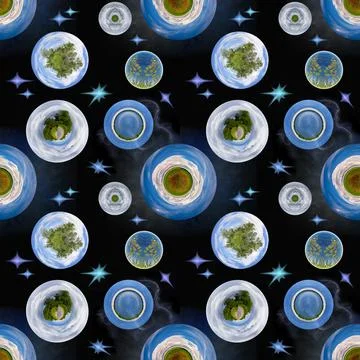 Seamless pattern with abstract planets and stars. The concept of peaceful space 写真素材