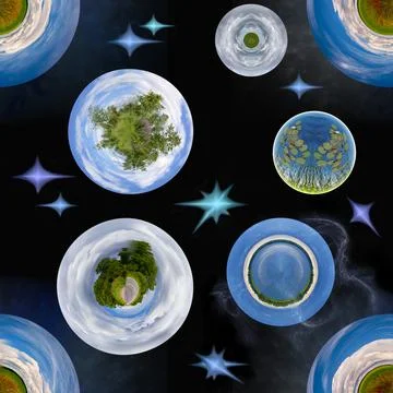 Seamless pattern with abstract planets and stars. The concept of peaceful space Stock Photos