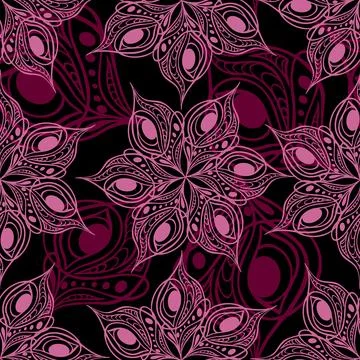 Seamless pattern of abstract purple-pink graphic elements on a black イラスト素材