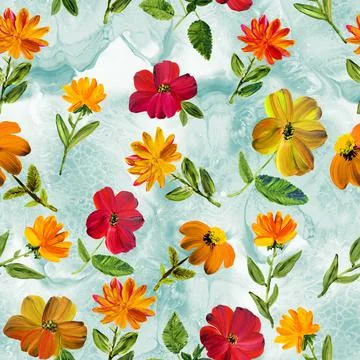Seamless pattern abstract red and yellow  flowers, art painting, creative han Stock Illustration