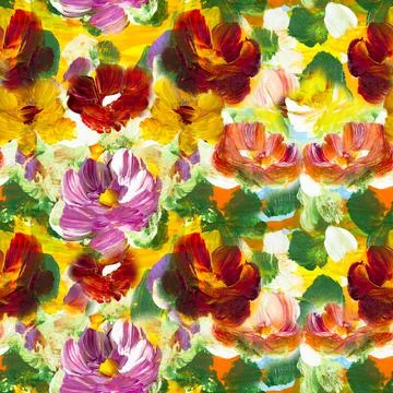 Seamless pattern of abstract red and pink  flowers, art painting, creative ha Illustrazione stock