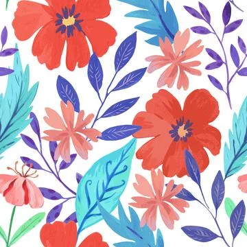 Seamless pattern with abstract red colorful flowers and various botanical e.. Stock Illustration