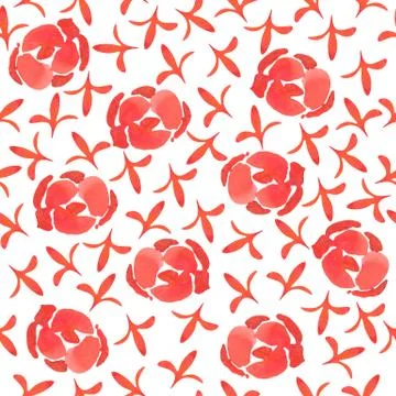 Seamless pattern with abstract red watercolor roses and leaves Stock Illustration