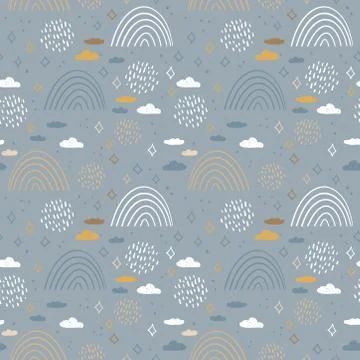 Seamless pattern abstract scales, rain, sky clouds stars, simple Nature doodl Stockillustratie