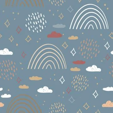Seamless pattern abstract scales, rain, sky clouds stars, simple Nature doodl Stock Illustration