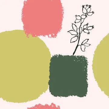 Seamless pattern with abstract shapes and illustration of plant Stock Illustration
