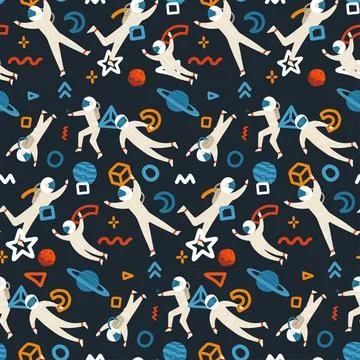 Seamless pattern with abstract shapes and Astronauts in a white suit in the Illustrazione stock