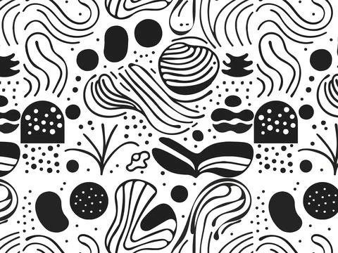 Seamless pattern with abstract shapes. Black and white  background, curved .. Stock Illustration