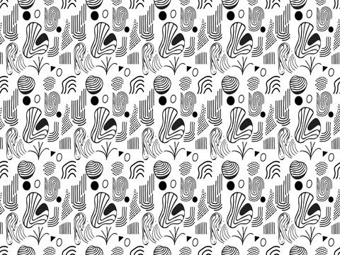 Seamless pattern with abstract shapes. Black and white  background, curved .. Stock Illustration