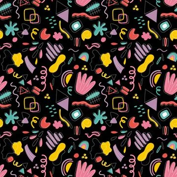 Seamless pattern of abstract shapes of different colors on a black background 스톡 일러스트