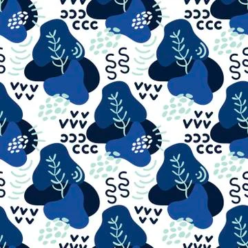 Seamless pattern with abstract shapes, elements and branches of plants. Hand- イラスト素材