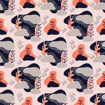 Seamless pattern with abstract shapes, elements and branches of plants. Hand- Stock Illustration