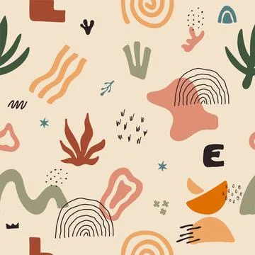 Seamless pattern with abstract shapes. Hand drawn various geometric objects and 스톡 일러스트