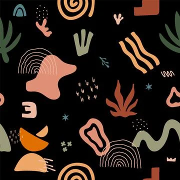 Seamless pattern with abstract shapes. Hand drawn various geometric objects and 스톡 일러스트