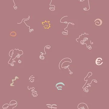Seamless pattern of abstract shapes, lines, shapes and faces in line art style. Illustrazione stock