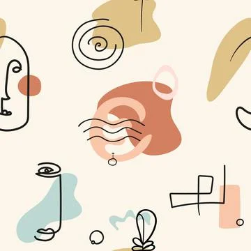 Seamless pattern of abstract shapes, lines and faces in line art style. Illustrazione stock