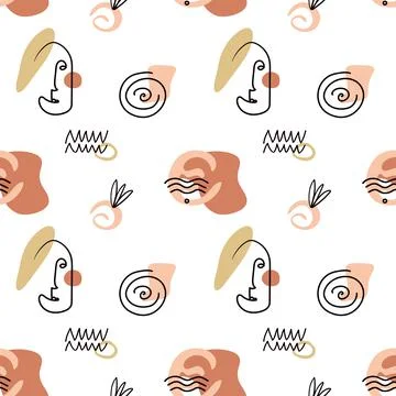 Seamless pattern of abstract shapes, lines and faces in line art style. White Illustrazione stock