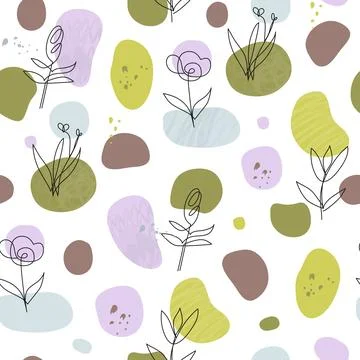 Seamless pattern with abstract spots, dots, one line flowers. Stock Illustration