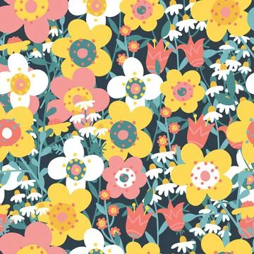 Seamless pattern with abstract spring flowers of tulips, rudbeckia, kosmeja and Illustrazione stock