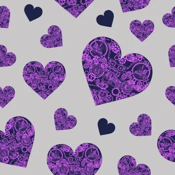 Seamless pattern of abstract steampunk hearts with mechanism Stock Illustration