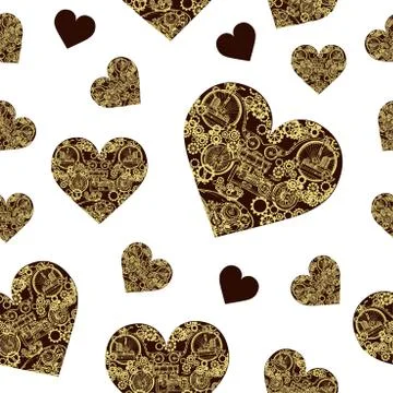 Seamless pattern of abstract steampunk hearts with mechanism Stock Illustration