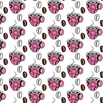 Seamless Pattern with Abstract Stylized cup and Coffee Beans on a transparent Stock Illustration