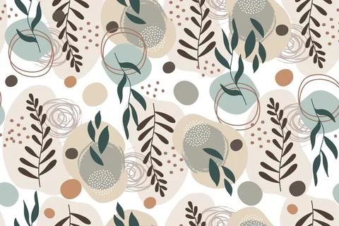 Seamless pattern of abstract trendy leaves and spots vector background Illustrazione stock