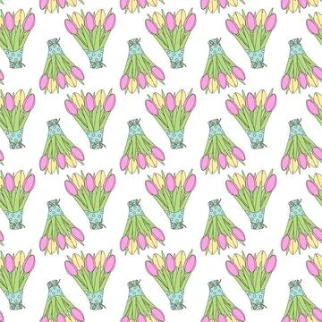 Seamless pattern of abstract tulips bouquets with pink and yellow flowers in Stock-Illustration